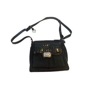 Vintage Brighton 90s Black Nylon Croc Leather Flap Crossbody Bag